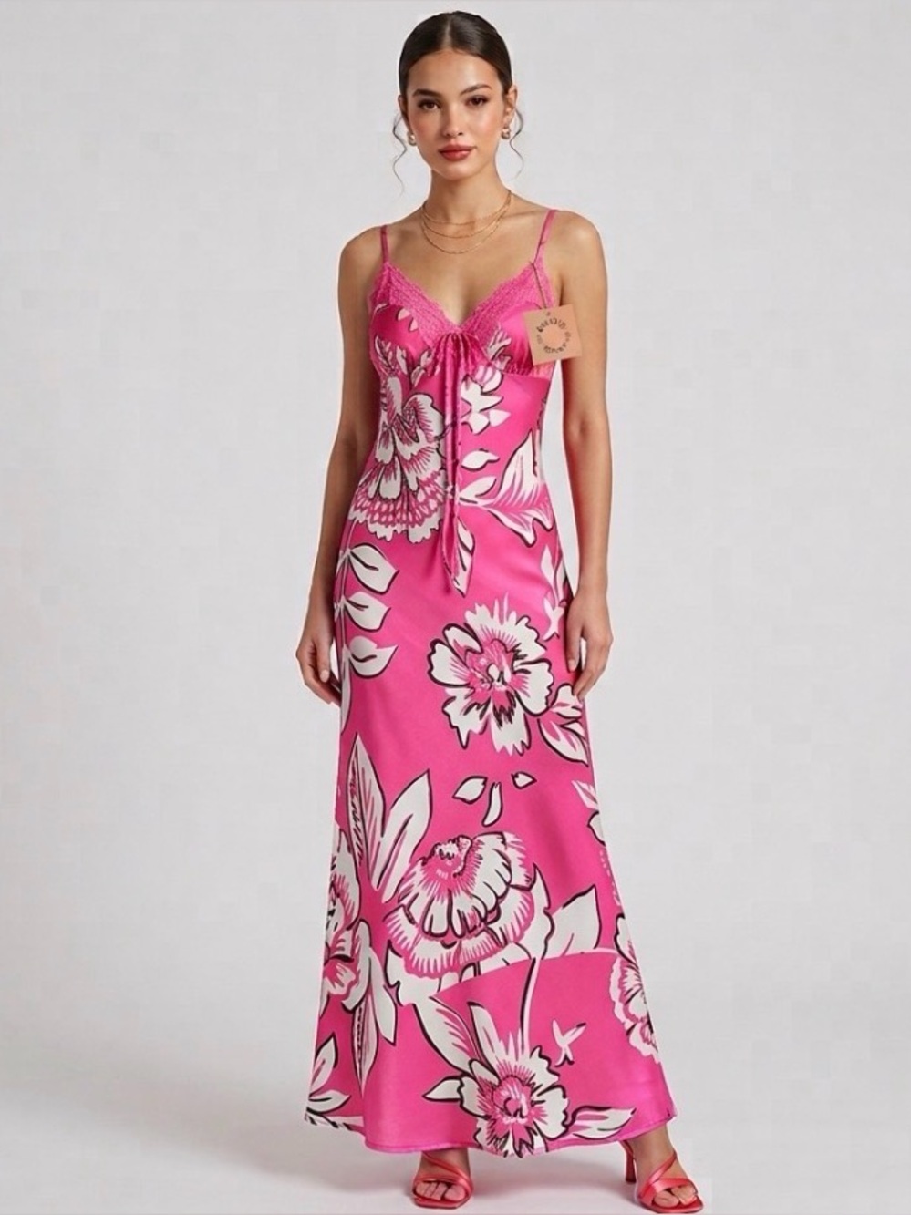 Bailey Rose Floral Satin Slip on maxi Dress with Lace Trim & Front Tie - NWT M